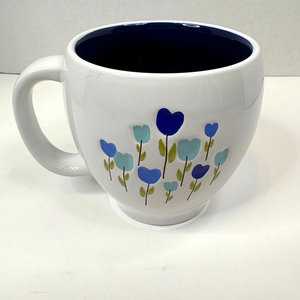 Starbucks 2007 Spring Coffee Mug 16oz White Cobalt Blue Hearts Tulips Floral Cup